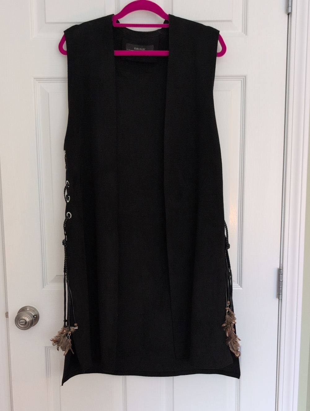 Zara Black Sleeveless Tassel-Trim Duster Vest